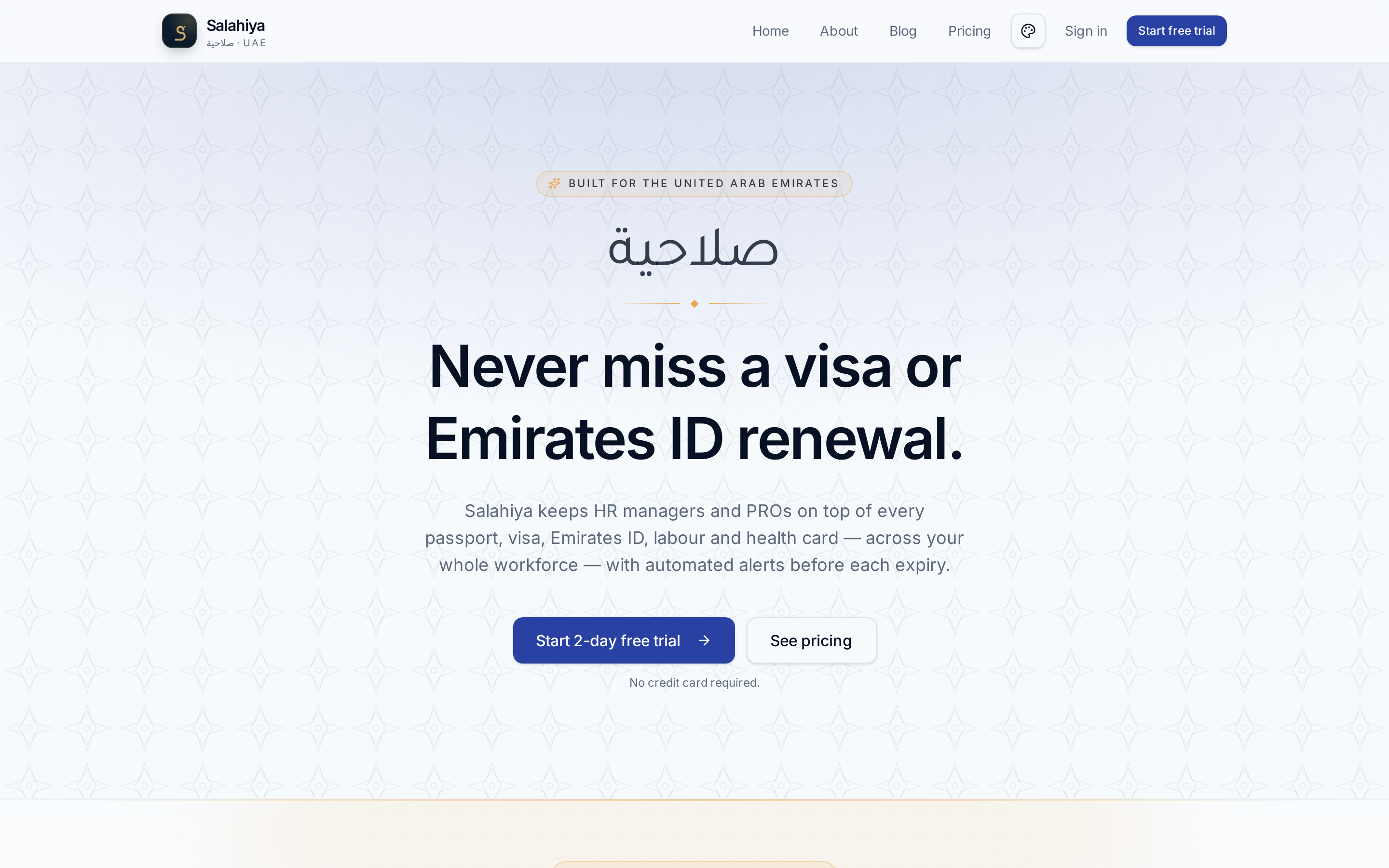 Salahiya landing page showing the dashboard overview